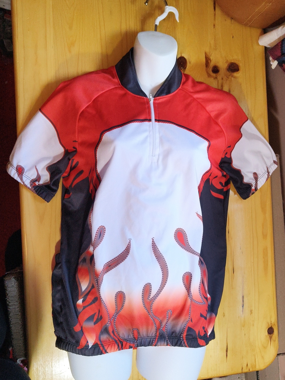 Red, White & Black Flame Graphic Cycling Jersey- Sz M